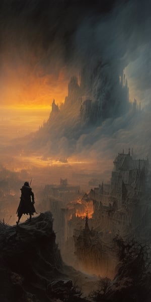 dark fantasy art style,  knight fighting a giant fantasy dragon, burned village in background, highly detailed, morning dawn, (mystical dense fog), oil and watercolor painting, epic scene, (dense smoke by Kim Keever), dark, moody, dark fantasy in style of Frank Frazetta, Bosstyle, , ,sci-fi,Movie Still