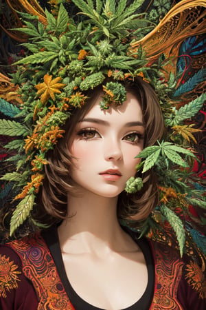 (masterpiece, top quality, best quality, official art, beautiful and aesthetic:1.2), (1girl), extreme detailed,(fractal art:1.3),colorful,highest detailed, 8k, realistic, innocent_face, marijuana, cannabis, ganja, hemp, weed, hd_quality