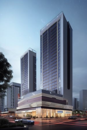 night render, v-ray, ((corona render)), The Continental Hotel, modern hotel, modern architecture, assassin hotel, Jakarta City (((contemporary architecture))), contemporary hotel, best quality, masterpiece, (photorealistic:1.4), 2 women, dramatic lighting, 8k, photorealistic, analog, realism, photorealistic, analog, realism