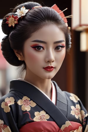 Render a photorealistic image of a geisha, the subtle details of her makeup and intricate kimono batik standing out in little tokyo blok m jakarta. Use the Canon EOS R6 Mark II with an 800mm lens to produce a hyper-detailed, 64K resolution image,Movie Still,gh3a