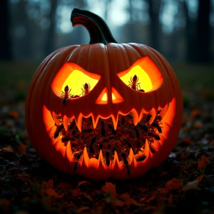 cockroaches , worms and spiders 
overflowing from the mouth and eyes of an illuminated Halloween pumpkin, 
approaching,
wide-angle distorting view,
photo realistic,
dark creepy evening