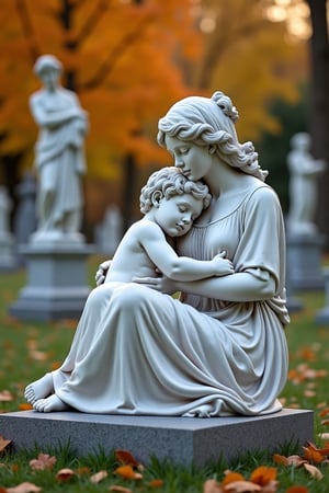 safe for work, marble statue of a beautiful child sleeping in the arms of his mother, she is sitting on her tombstone, she is looking at her child, beautiful autumn cemetery with other cemetary statues, full body point of vue, photo realistic