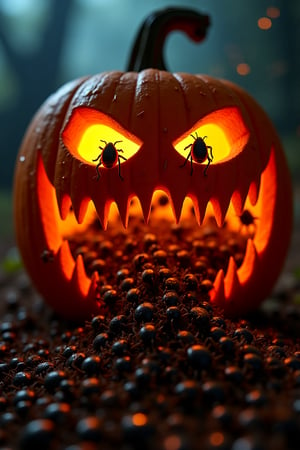 cockroaches , worms and spiders 
overflowing from the mouth of an illuminated evil Halloween pumpkin, 
approaching,
some of the crawlies make the pupils of the pumpkin eyes
wide-angle distorting view,
light terrain, 
photo realistic,
creepy evening