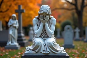 safe for work, 
marble statue
of a beautiful woman, 
her hands cover her face in regret, 
she is sitting on her tombstone, 
beautiful autumn cemetery with other cemetary statues, 
full body point of vue, 
photo realistic