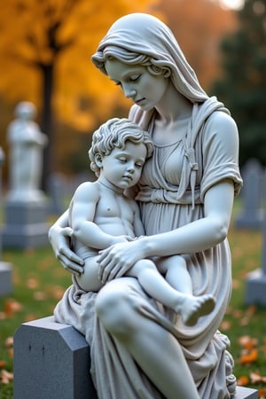 safe for work, 
marble statue
of a beautiful child sleeping in the arms of his mother,  
she is sitting on her tombstone, 
she is looking at her child, 
beautiful autumn cemetery with other cemetary statues, 
full body point of vue, 
photo realistic