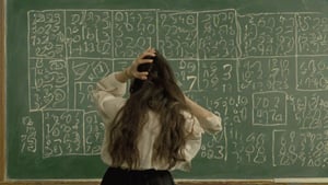 Le penseur de Rodin but a woman, in front of diffcult math problem on a blackboard