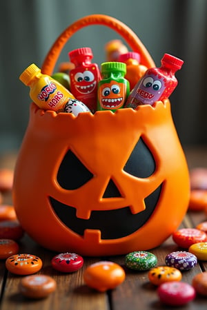 A wide variety of Halloween candy
overflowing fom a Halloween themed bag, 
eager children are looking at the candy