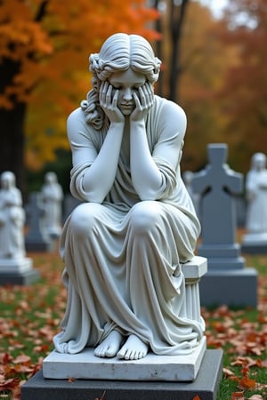 safe for work, 
marble statue
of a beautiful woman, 
her hands cover her face in regret, 
she is sitting on her tombstone, 
beautiful autumn cemetery with other cemetary statues, 
full body point of vue, 
photo realistic