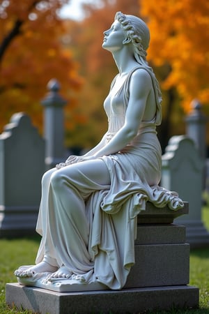 safe for work, marble statue of a beautiful woman, she is looking up at eternity, she is sitting on her tombstone, beautiful autumn cemetery with other cemetary statues, full body point of vue, photo realistic