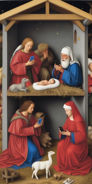 Robert Campin Nativity scene with cellphones, and Santa Claus