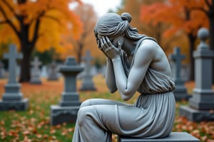 safe for work, 
marble statue
of a beautiful woman, 
her hands cover her face in regret, 
she is sitting on her tombstone, 
beautiful autumn cemetery with other cemetary statues, 
full body point of vue, 
photo realistic