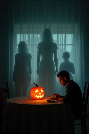 A man is eating alone, 
he is surounded by transparent wraiths 
of his dead wife and two children, 
photo realistic,
Canon 5D,
the room is lit only by a Halloween pumpkin lamp on the table