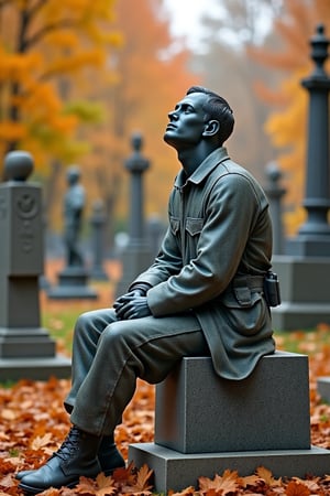 safe for work, marble statue of an exhausted soldier from a long forgotten war, he is sitting on his tombstone, he is looking up at eternity, beautiful autumn cemetery with other cemetary statues, full body point of vue, photo realistic