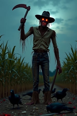 a scarecrow, 
 in a field of corn,
with a hatchet and a long bloody knife,
malevolant animated, 
corpses of crows on the ground,
corpse of farmer, 
realisitic photo, 
Canon 5d,
night outdoors