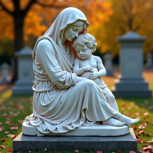 safe for work, marble statue of a beautiful child sleeping in the arms of his mother, she is sitting on her tombstone, she is looking at her child, beautiful autumn cemetery with other cemetary statues, full body point of vue, photo realistic