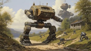 intricate detailed mecha robot invasion intruding in rustic landscape, Peder Mørk Mønsted, Ed Binkley art