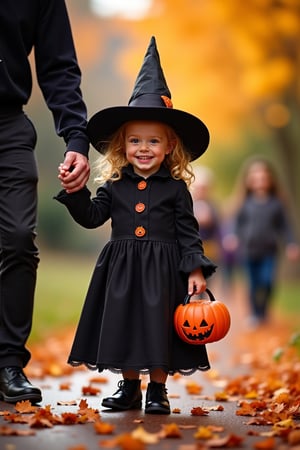 Cute little girl dressed as a witch, 
holding daddy's hand,
trick or treating in the nice neighborhoud,
Fall colors, 
falling leaves, 
she has trouble seeing because her big witch hat keeps falling, 
 the neighbouhoud is full of other children in Halloween costumes, 