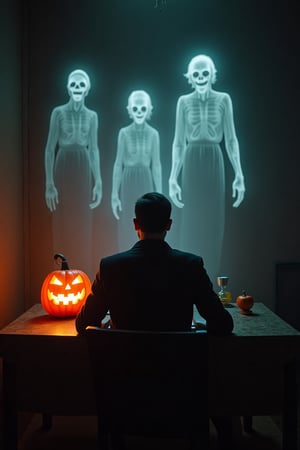 A man is eating alone, 
he is surounded by transparent wraiths 
of his dead wife and two children, 
photo realistic,
Canon 5D,
the room is lit only by a Halloween pumpkin lamp on the table