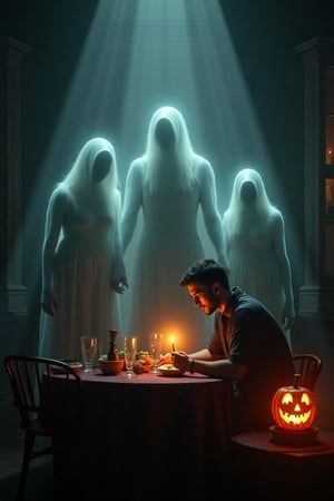 A man is eating alone, 
he is surounded by transparent wraiths 
of his dead wife and two children, 
photo realistic,
Canon 5D,
the room is lit only by a Halloween pumpkin lamp on the table