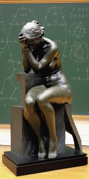 Le penseur de Rodin but a woman, sculpture, in front of a difficult math problem on a blackboard