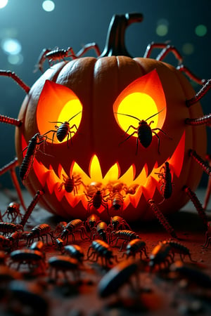 cockroaches , worms and spiders 
overflowing from the mouth of an illuminated evil Halloween pumpkin, 
approaching,
(some of the crawlies make the pupils of the pumpkin eyes 1.2),
the body of the pumpkin is huge spider legs, 
wide-angle distorting view,
light terrain contrsts with the dark cockroaches, 
photo realistic,
creepy evening