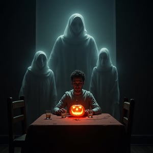 A man is eating alone, 
he is surounded by transparent wraiths 
of his dead wife and two children, 
photo realistic,
Canon 5D,
the room is lit only by a Halloween pumpkin lamp on the table