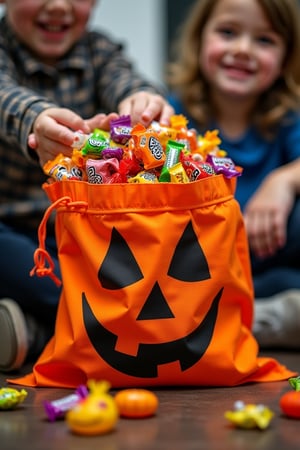 A wide variety of Halloween candy
overflowing fom a Halloween themed bag, 
eager children are looking at the candy