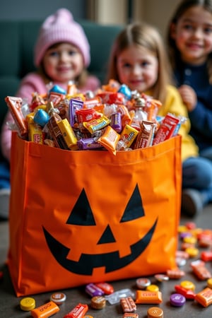 A wide variety of Halloween candy
overflowing fom a Halloween themed bag, 
eager childrenn are looking at the candy