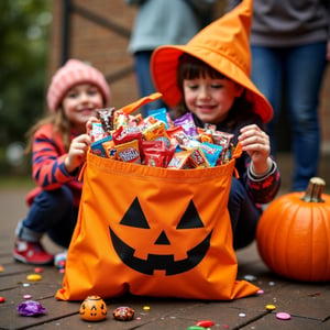 A wide variety of Halloween candy
overflowing fom a Halloween themed bag, 
eager childrenn are looking at the candy