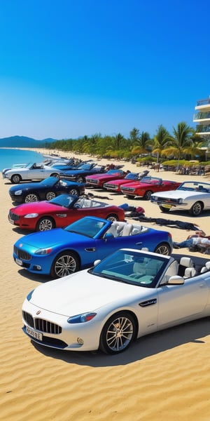 beautiful convertible cars on the beach relaxing while the owners are working hard under the hot sun washing them