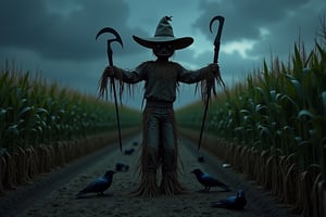 a scarecrow, 
 in a field of corn,
with two cutlasses,
malevolant animated, 
corpses of crows on the ground,
corpse of farmer, 
realisitic photo, 
Canon 5d,
night outdoors