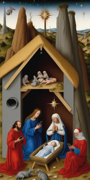 Robert Campin Nativity scene with cellphones, extraterrestrial and Waldo