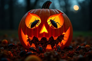 cockroaches overflowing from the mouth and eyes of an illuminated Halloween pumpkin, 
approaching,
wide-angle distorting view,
photo realistic,
dark creepy evening