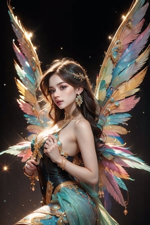 A fairy brunette woman with wings .  embracing pose.