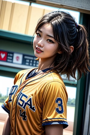 A Woman with a Baseball uniform at the base.

