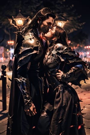 Lord Dracula and his Lady Dracula are having a romantic kiss at the park at night. ,4rmorbre4k,torn clothes, broken armor