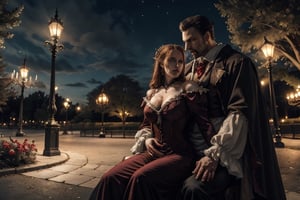 Lord Dracula and his Lady Dracula are enjoying a romantic moments at the park at night. ,4rmorbre4k