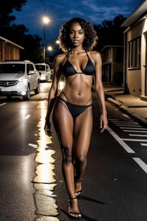 A black woman is walking at the dangerous street at night wearing a sexy tiny bikini. Look at you. full body center shot. 8k. realistic. hdr.,Sexy