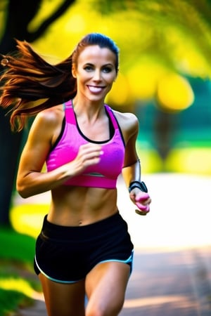 An Athletic attractive hot Fitness Trainer Woman jogging at the park.