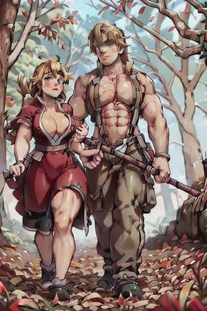 The Muscled Blonde Man and his savage (beautiful Woman) are walking at the forest. Couple romantic pose.