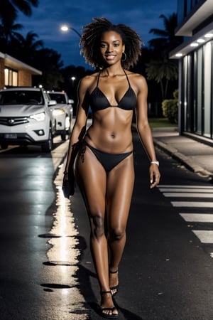 A black woman is walking at the street at night wearing a sexy tiny bikini. Look at you. full body center shot. 8k. realistic. hdr.