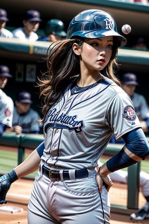 A Woman with a Baseball uniform at the bat.

