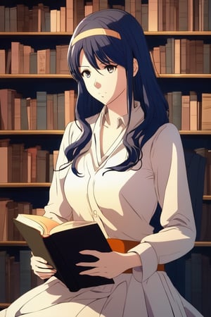 An anime woman reading a book. anime style.