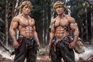 The Muscled Blonde Man is with a savage beautiful Woman at the forest. Standing pose.