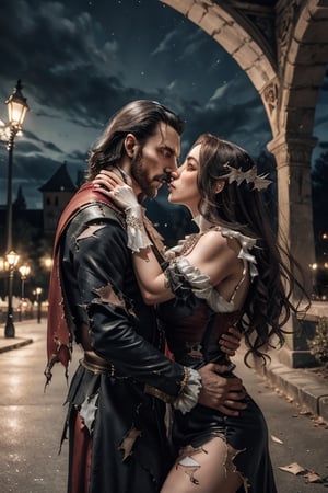 Lord Dracula and his Lady Dracula are having a romantic kiss at the park at night. ,4rmorbre4k,torn clothes