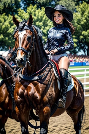 A Woman Riding a horse on a competition.
