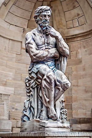 A statue of Socrates sitting thinking standing up.