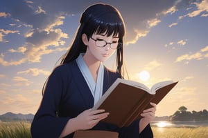 An anime woman reading a book. realistic style