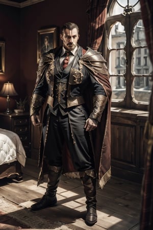 Lord Dracula standing at the windows of his bedroom with a serious face. Zoom on his face. ,4rmorbre4k