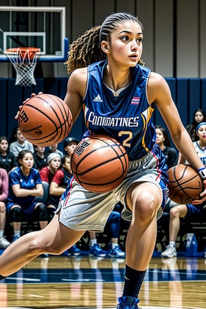 A Woman playing Basketball on a competition.
